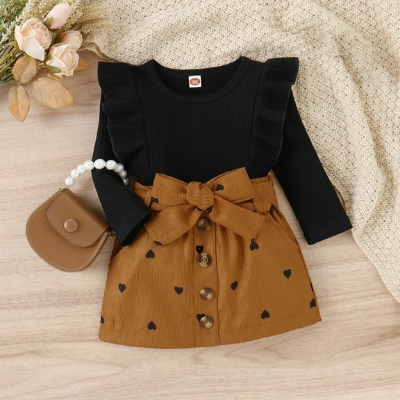 jsaierl Kids Toddler Baby Girl Fall Outfit Ruffle Long Sleeve Knit Blouse Pullover Top Mini Skirt with Belt Clothes 9M-3T