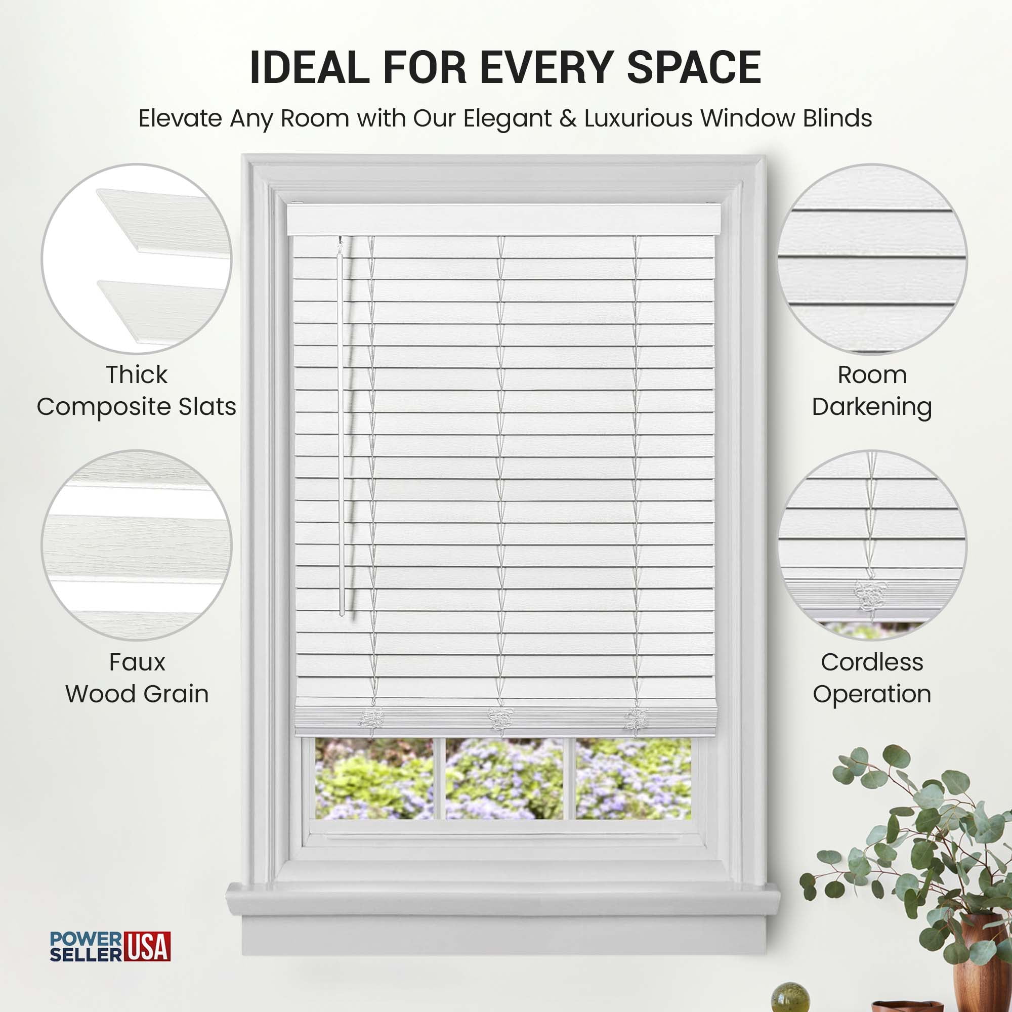 PowerSellerUSA Cordless Window Blinds, Privacy & Room Darkening 2" Slats Faux Wood Mini Blind, Anti-UV Window Treatment, White Plantation Blind, 46" Width x 64" Length, (Fits windows 23" - 74")