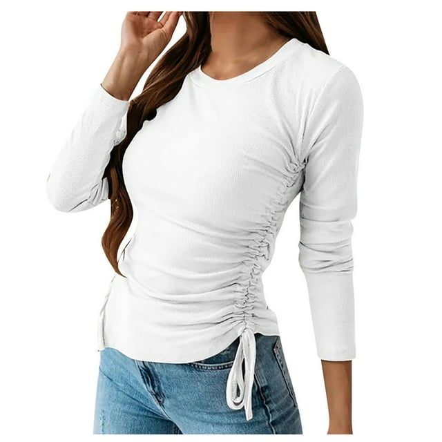 CEHVOM Women's Solid Long Sleeve O-neck Tops Pullover Split Shirt Drawstring Blouse