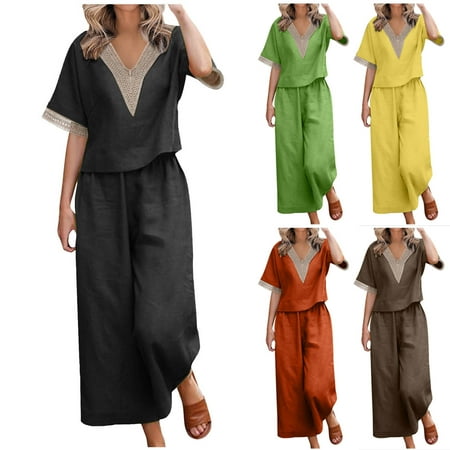Brnmxoke Women s 2 Piece Outfits Linen Matching Sets Tracksuit Summer Fashion Lace V Neck Short Sleeve Top and Wide Leg Pants Suit Set Vacation Travel Loungewear Yellow XL