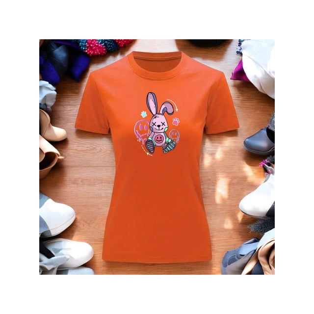 Playera Blusa Con Estampado De Conejo Kawai Con Caras Fantasmas Ropa Para Mujer Color Anaranjado Talla Chica Marca Emil SaEs