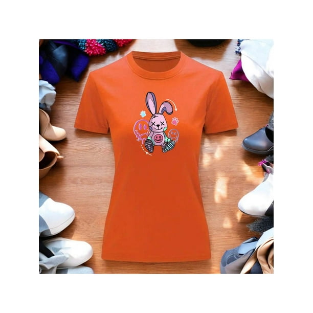 Playera Blusa Con Estampado De Conejo Kawai Con Caras Fantasmas Ropa Para Mujer Color Anaranjado Talla Grande Marca Emil SaEs