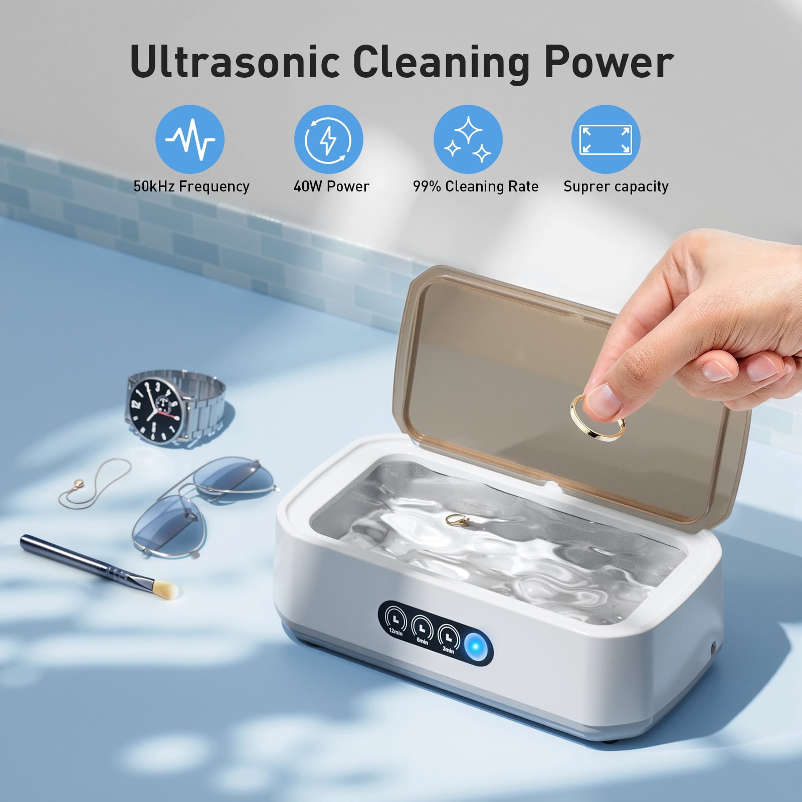 Skdwakiz Ultrasonic Jewelry Cleaner, 50KHz Ultrasonic Cleaner Machine for Jewelry, Rings, Glasses, Watch Strap, 3 Cleaning Modes with Digital Timer, 22oz, 304 Stainless Steel Water Tank