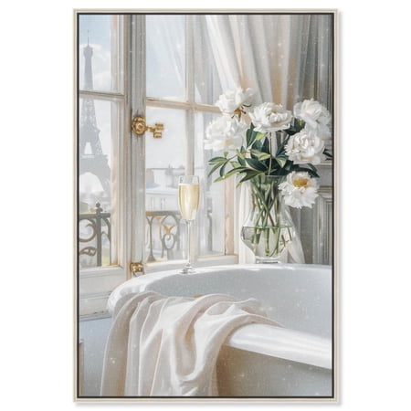 Ivory Bathroom in Paris Canvas Glam Bathroom Art by Art Remedy, Silver Frame, 36" x 54"