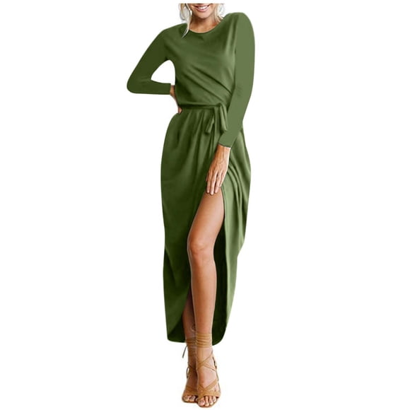 cfhntfmh Cocktail Dresses for Women Fall Comfy Crewneck Long Sleeve Long Maxi Dress Soft Sexy Belted Side Slit Party Dress