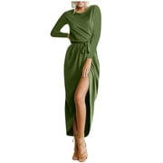 IROINNID Sales Formal Dress for Women Wedding Guest Evening Party Formal Dress Round Neck High Waist Bandage Solid Color Split Dress,Olive Green