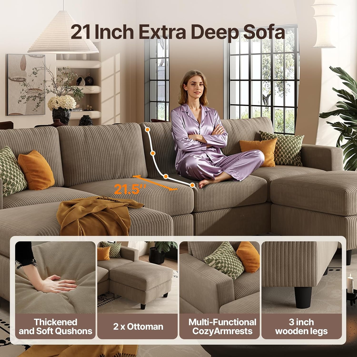 AENKYO U-Shaped Sectional Sofa Couch with 2 Ottomans, Convertible 4-Seat Living Room Furniture with Removable Cushions, Brown