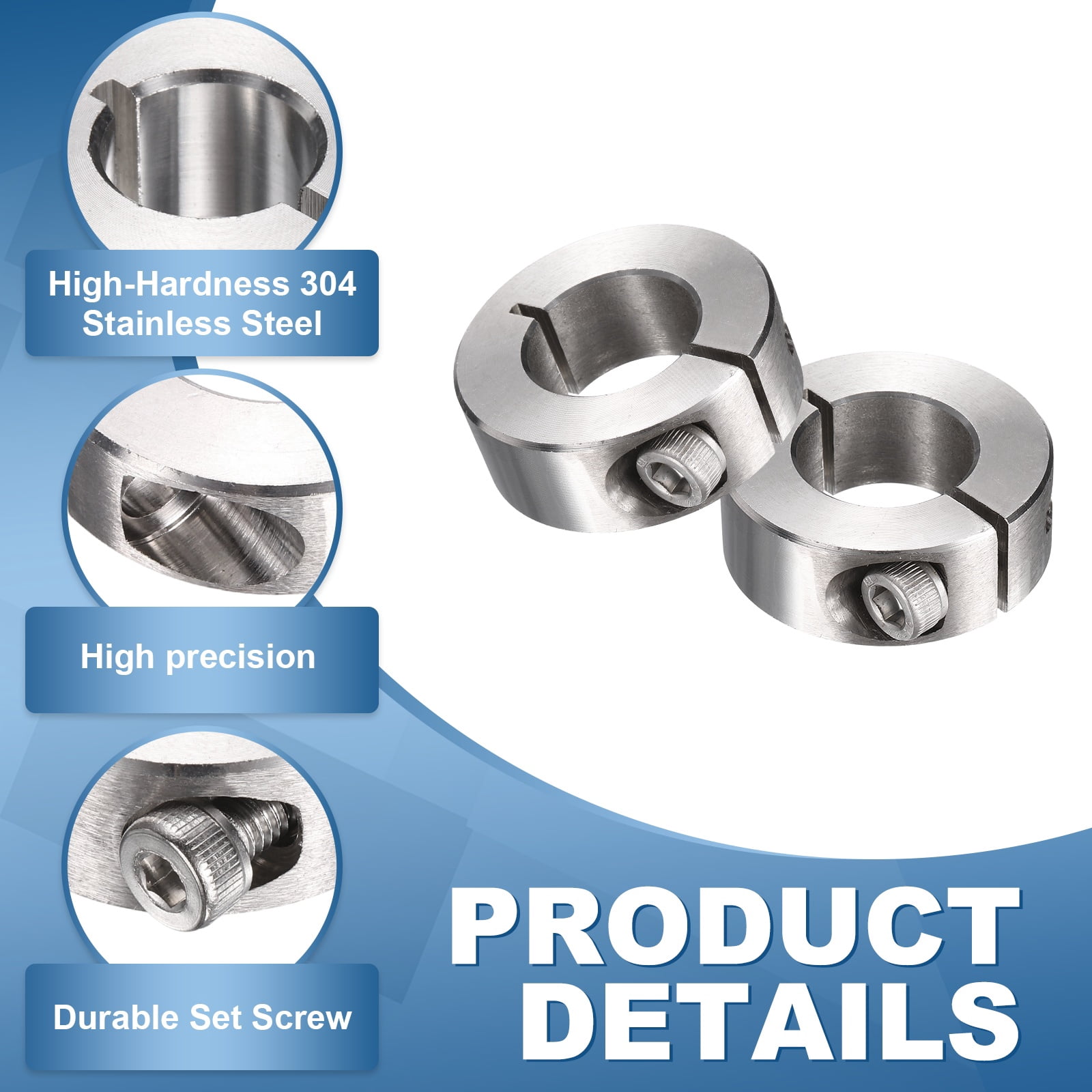 Uxcell 2Pcs Single Split Shaft Collars, 22mm Bore 304 Stainless Steel One-Piece Clamping Collar 42mm OD 15mm Thick Locking Clamp with Set Screw for Industry Machine Tools, Silver