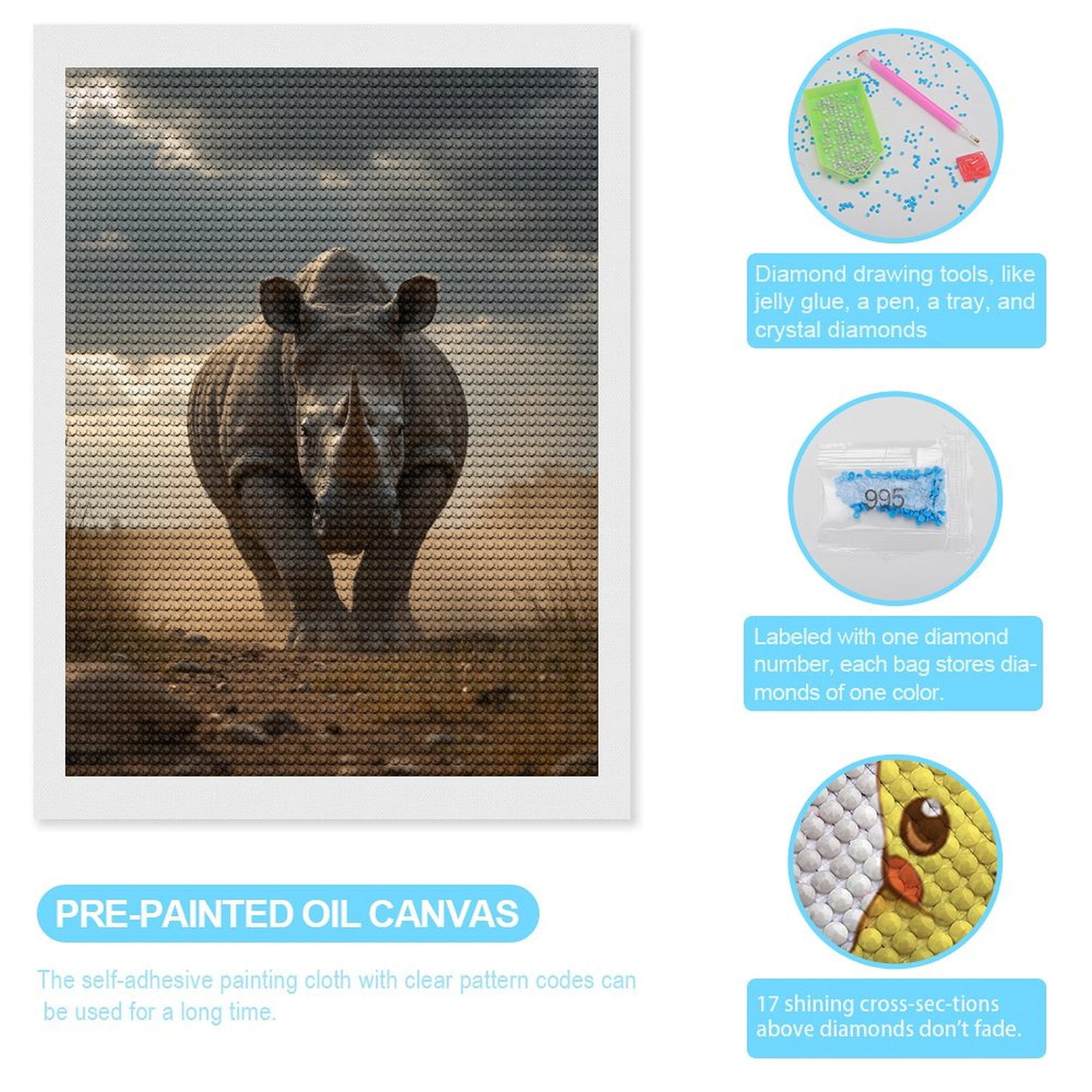 Diamond Art Kit for Adults, Rhino Charging Through Dusty Path Diamond Painting for Adults Beginners, 5D DIY Diamond Art Painting Kits, Colorful Diamond Painting Craft for Home Decor 12x16