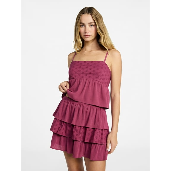 No Boundaries Woven Eyelet Cropped Cami and Mini Skirt Set, 2-Piece, Women's XXS-XXL