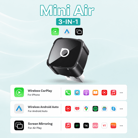 Ottocast Mini Air 3-in-1 Wireless CarPlay & Android Auto Adapter with iOS Screen Mirroring, Plug-and-Play for Factory Wired CarPlay Cars