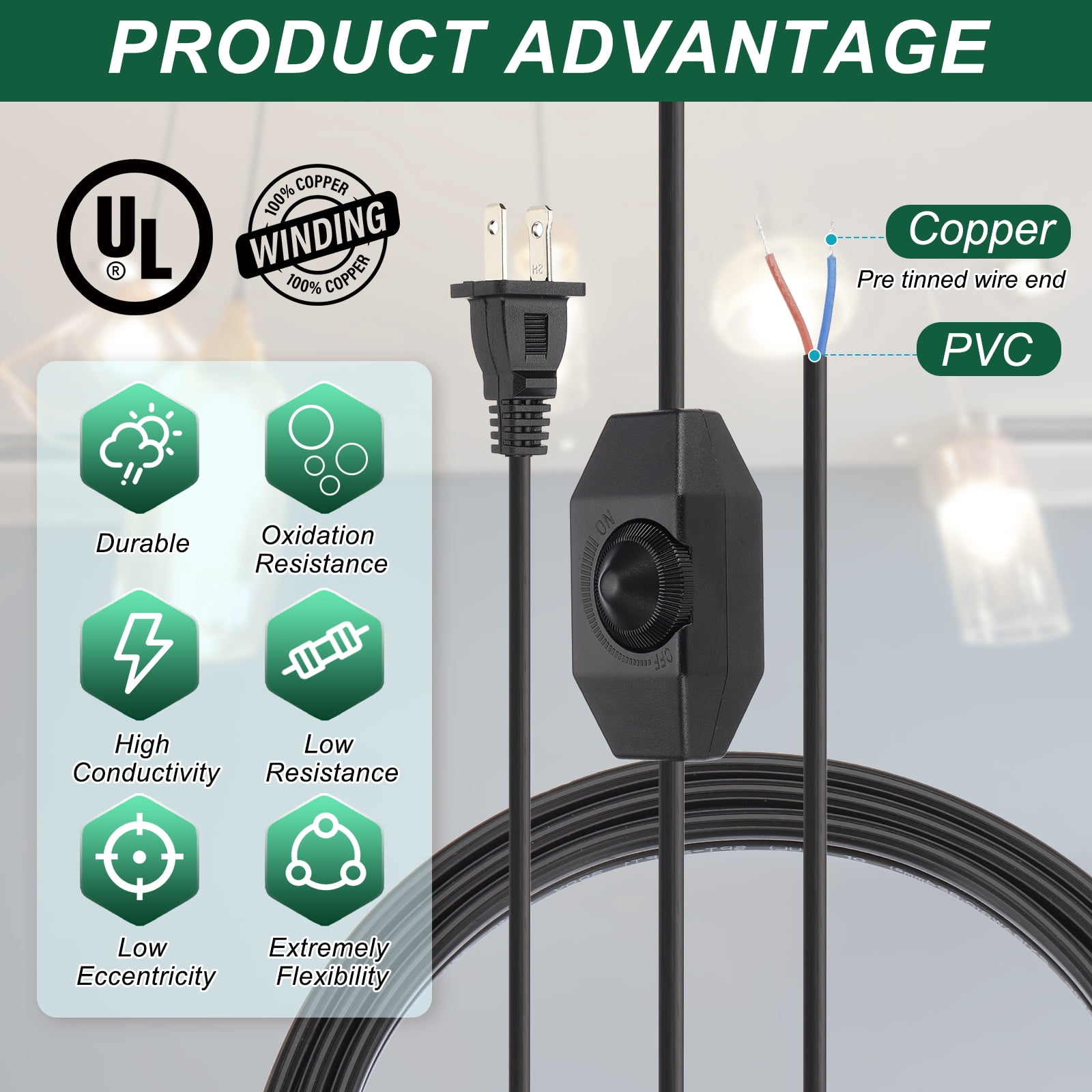 Uxcell 6 Feet Lamp Cord with Plug, 3 Set UL List Lamp Power Cord with Full Range Rotary Lamp Switch, Black