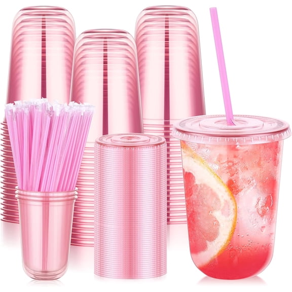 50 Pack 16 oz Pink Plastic Party Cups with Lids and Straws, Disposable Iced Coffee Cup with Lids, Round Bottom Drinking Cups for Birthday Wedding Valentine's Galentine's Bachelorette Party