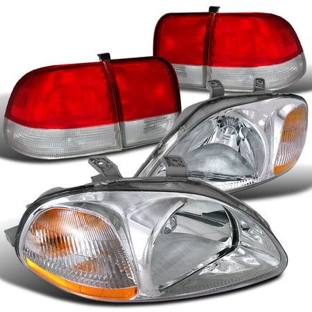 - Spec-D Tuning 1996-1998 Honda Civic Sedan Crystal Chrome Headlights + Red/Clear Rear Tail Lights (Left + Right) 96 97 98