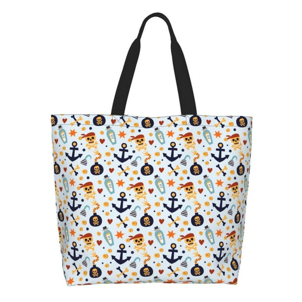 Fotbe Pirate Skull And Anchor Bolsa Tote Estética de Lona con Estampado para Mujer - Bolsa Reutilizable de Hombro Casual para Vacaciones, Compras, Trabajo y Gimnasio