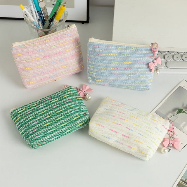 Polyester Coin Purse Mini Cosmetic Storage Pouch - High-Density Woven Fabric Zipper Closure Reinforced Edges 16x11x3cm Lightweight, Pocket-Sized Pink, White, Blue, Green 1 Pack