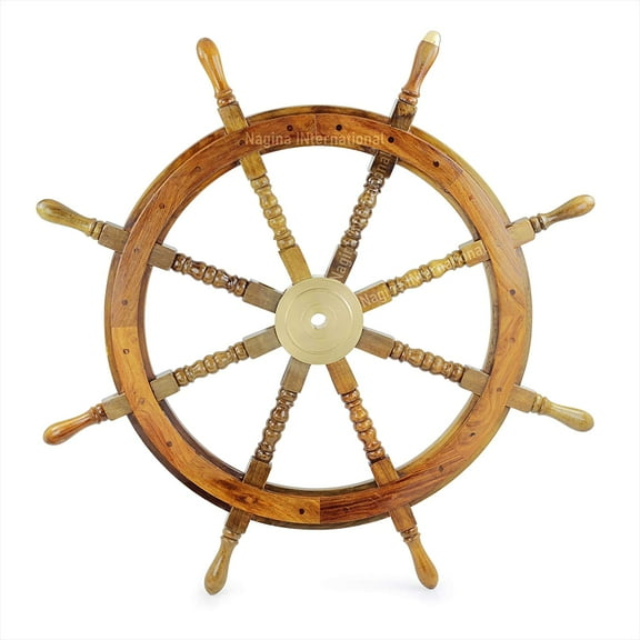Nagina International Nautical Wooden Ship Wheel with Navigational Brass Cap | Captain's Pirate Home Decor (24 Inches)