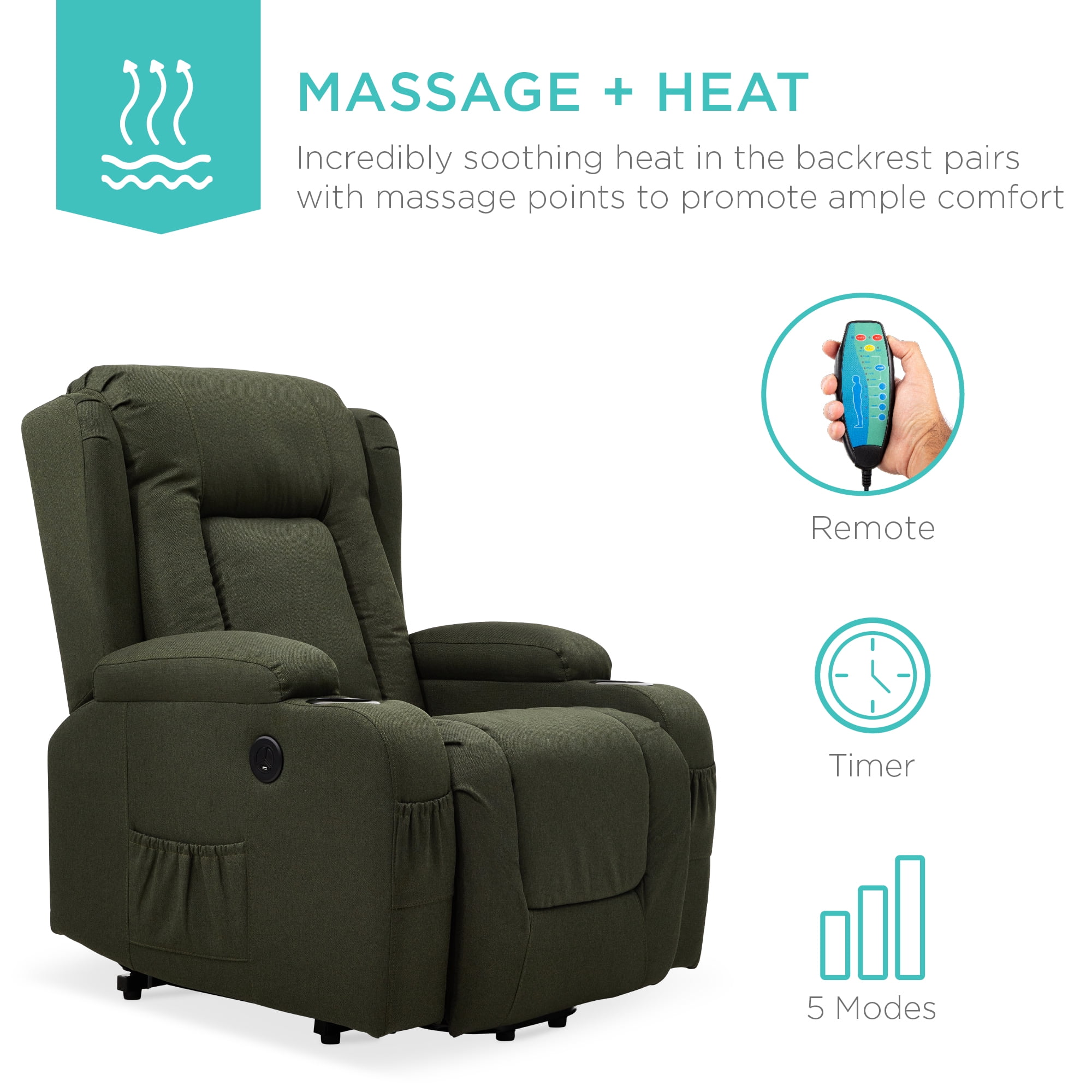 Best Choice Products Electric Power Lift Linen Recliner Massage Chair Furniture w/ USB Port, Heat, Cupholders - Olive