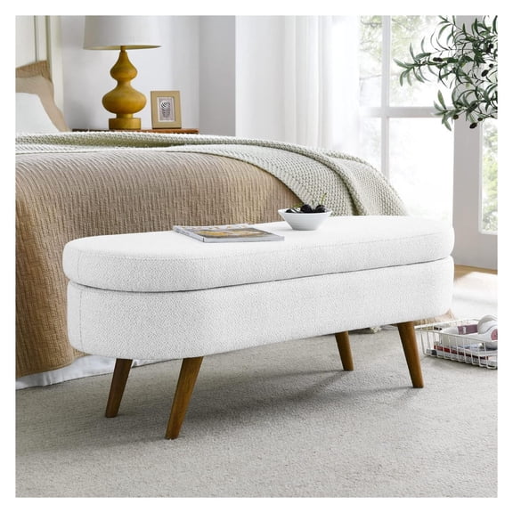 Storage Ottoman, 43 inch Linen Fabric, Entryway Footstool - Modern Bedroom Bench with Rubber Wood Legs, White 1