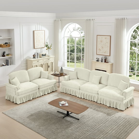 Newest Classic 2 Piece Modular Couch Living Room Sofa Set,Flared Arms,Removable Ruffles Pleats Skirts,Spindle Legs, 3 Seater Sofa   2-Seat Loveseat Sofa Sets for Living Room, Beige White