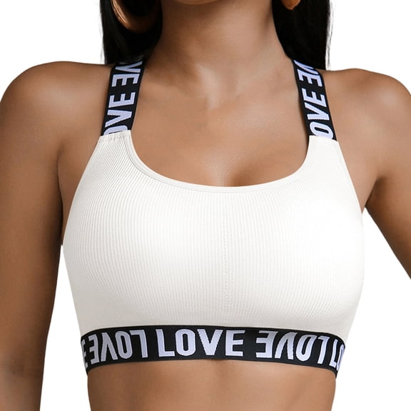 hoksml Women's Crisscross Back Sports Bra, LOVE Letter Print Light Support Ribbed Workout Bra