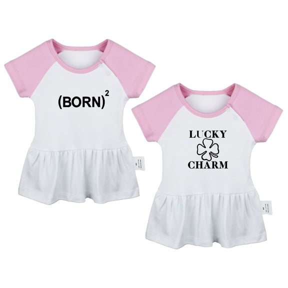 Pack of 2, Lucky Charm & Born Again 2 Funny Dresses For Baby, Newborn Babies Skirts, Infant Princess Dress, Toddler Frocks (Pink Raglan Dresses, 0-6 Months)