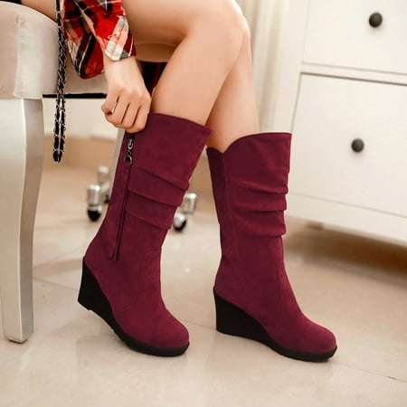 

Foraging dimple Womens Round Toe Casual Shoes Zipper Wedges Boots Warm Shoes Flat Bottom Shoes Red