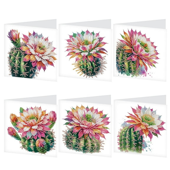 6pcs Diamond Art Painting Set Greeting Card, Cactus Flower 5D DIY Special Shape Diamond Greeting Card Creative Gifts, Christmas Thanksgiving Day Greeting Card Congratulation