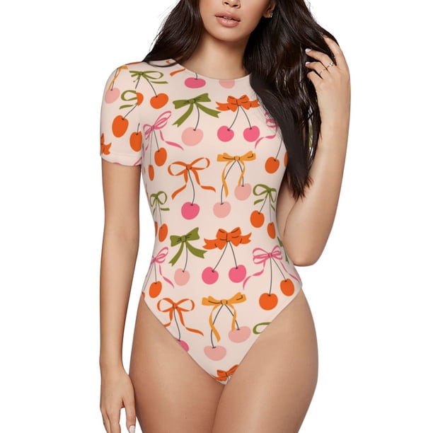 Fotbe Cherries And Bows Body de Mujer con Cuello Redondo y Mangas Cortas, Sin Mangas Ajustado, Suave, Cómodo y Básico-XX-Large