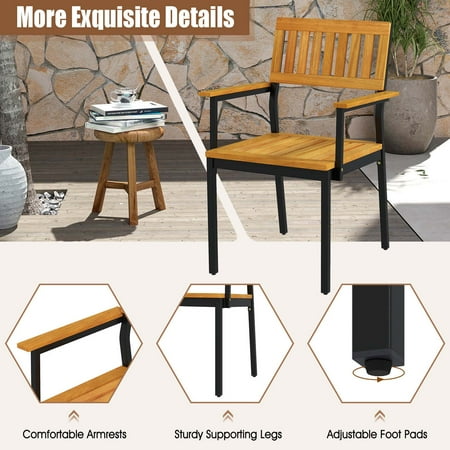 Costway Dining Chair Set of 2 with Acacia Wood Backrest Slanted Seat Comfortable Armrests - Natural + Black