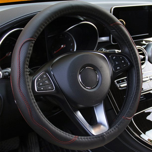 Steering Wheel Cover for Men Women Universal 15 inch Elastic Black/Red Breathable Anti-Slip Leather Car Steering Wheel Cover 