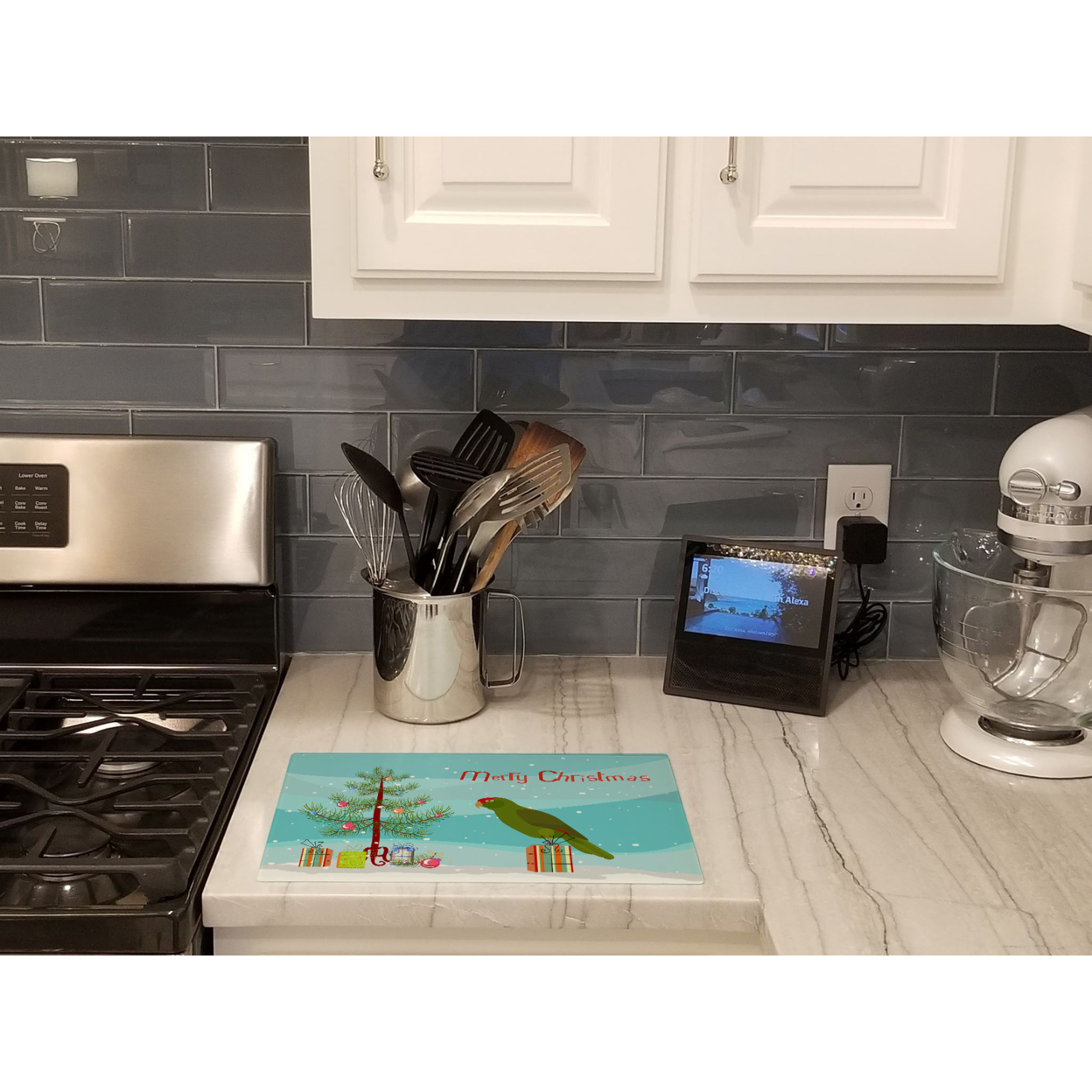 Carolines Treasures CK4496LCB Amazon Parrot Merry Christmas Glass Cutting Board Large, 12H x 16W, multicolor