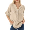 thumbnail image 7 of Pxiakgy Linen Henley Shirts for Women Loose Shirt Solid Color Medium Sleeve Collar Shirt Summer Lightweight V Neck Tops for Women Short Sleeve Plain Tshirts Basic Tees Office Clothes Beige L, 7 of 7