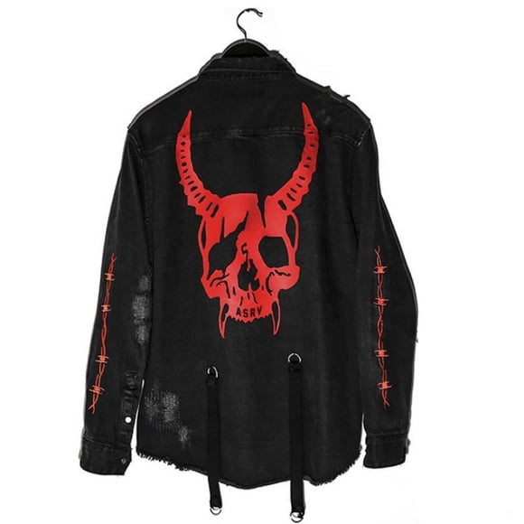 Chaqueta de Mezclilla con Estampado de Calavera y Estilo Hip-Hop