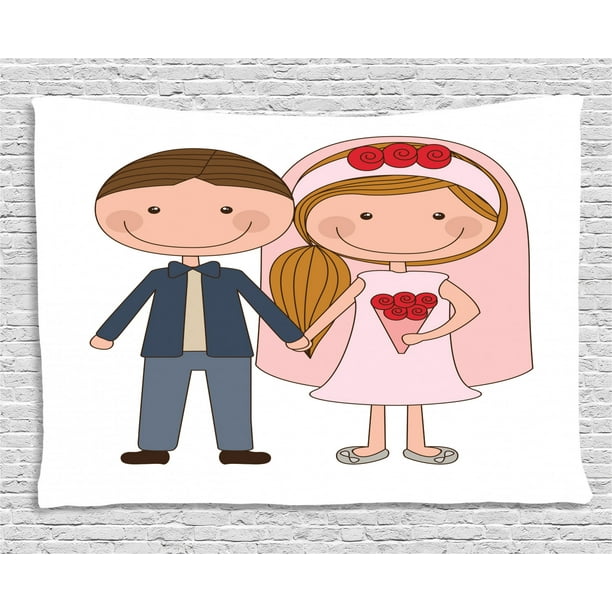 Engagement Party Tapestry, Cartoon Illustration of Newlywed Groom and