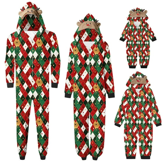 jsaierl Matching Family Christmas Pajamas Set Hoodie Onesies Reindeer Jumpsuit Romper Holiday Pjs One Piece Hooded Sleepwear