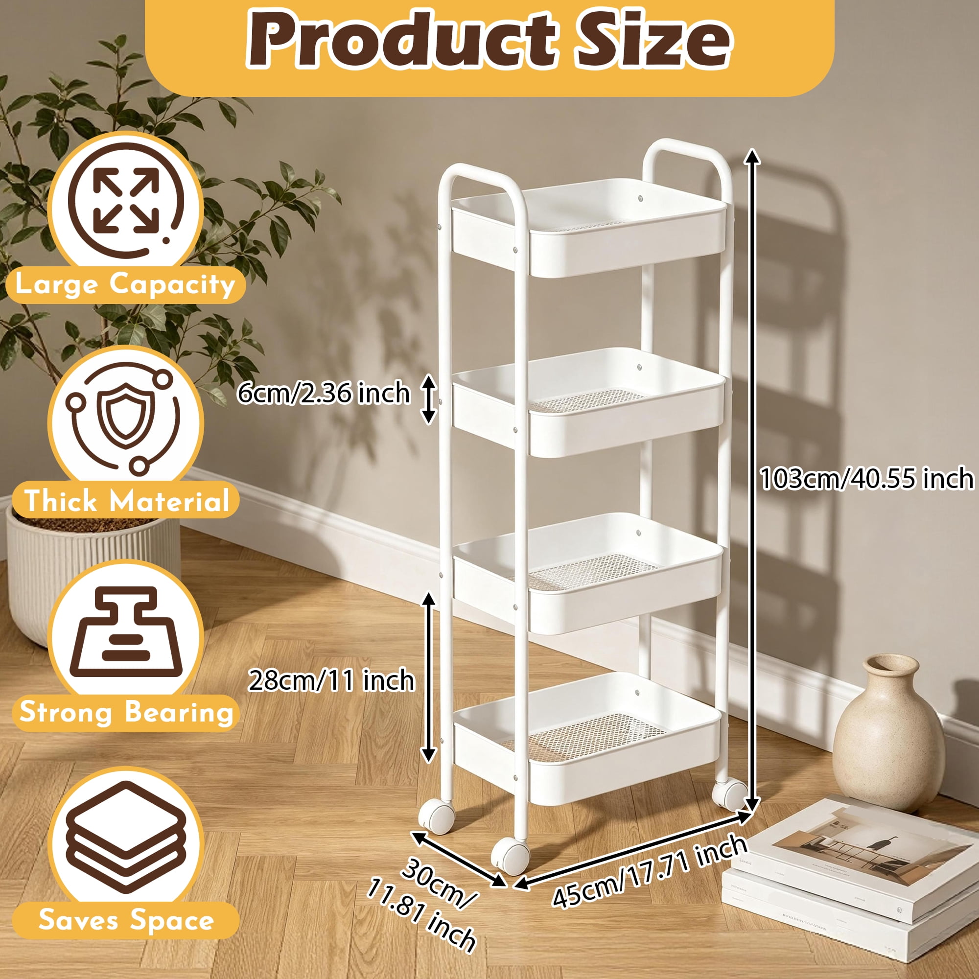 4‑Tier Rolling Metal Storage Cart, Metal Rolling Utility Cart, Mobile Utility Organizer Shelf with Lockable Wheels, Multifunctional Rolling Trolley for Kitchen, Bathroom, Living‑Room and Bedroom
