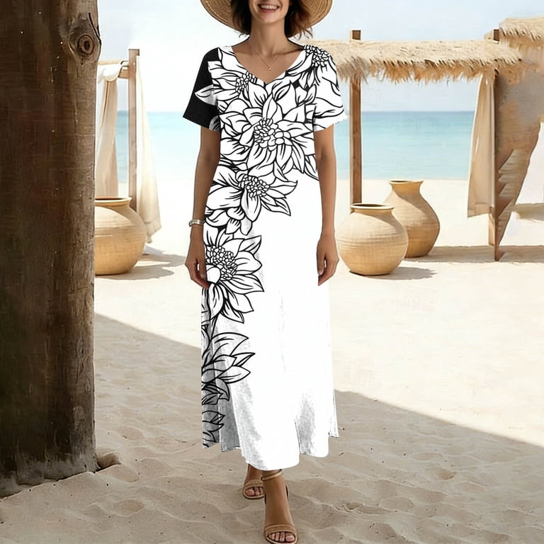 flattering boho dress Lenago Women's Summer Boho Dress Casual V Neck Short Sleeve Floral Loose Vacation Beach Maxi T Shirt Dress,Sizes S-2xl, Size: Medium