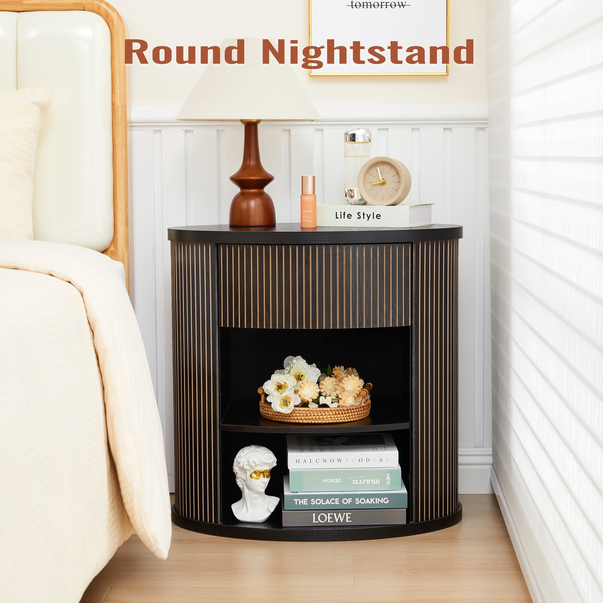 YOCWO Oval Nightstand with 1 Drawer and Adjustable Shelf for Bedroom with Carved Line Design, Round End tables for Living Room, Black