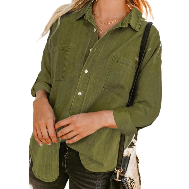 Txlixc Blusa vaquera de moda femenina, solapa de color sólido, botón de manga larga, blusa vaquera suelta Txlixc moda