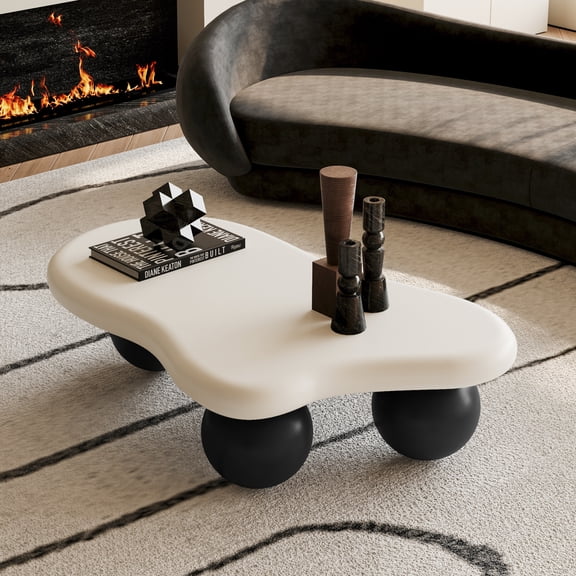 40 Inch Cloud Shaped Coffee Table with 3 Ball Legs, White Top Black Legs for Living Room