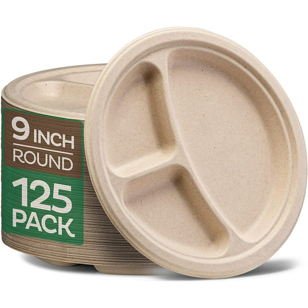 100 Compostable Paper Plates [9 inch 125Pack] 3 Compartment