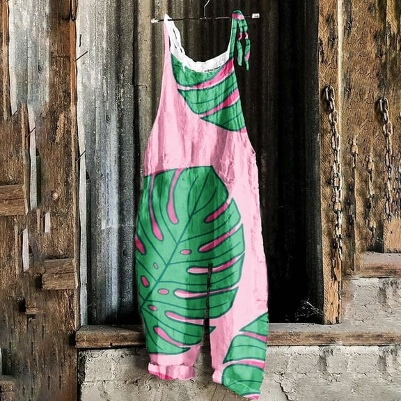 Njoeus Women's Spaghetti Strap Wide Leg Jumpsuits Tropical Print Romper Loose Casual Sleeveless Rompers Summer Outfits with Pockets S-XXL