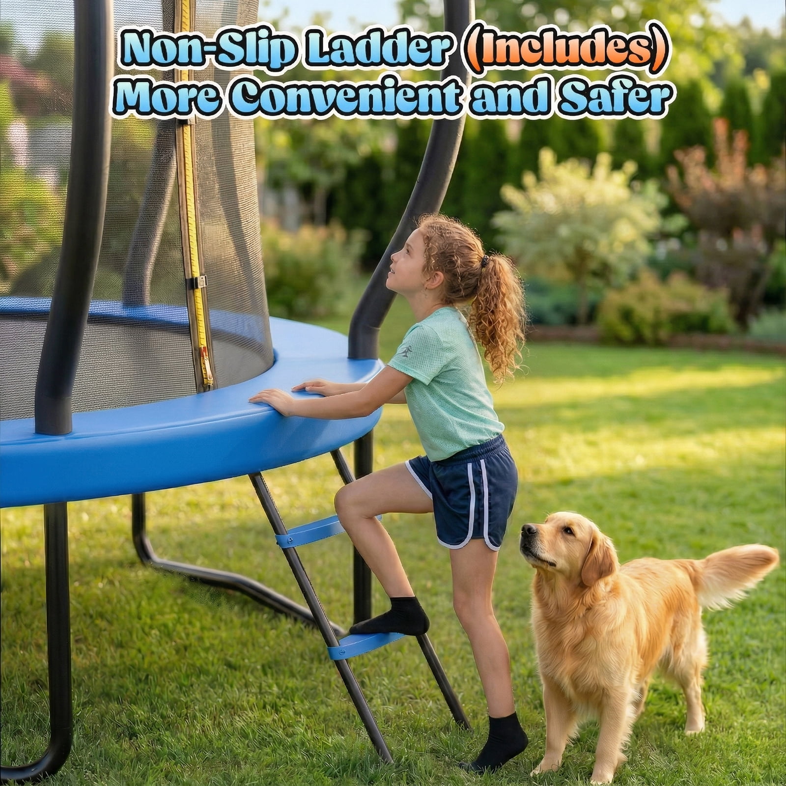 Outdoor Trampoline,Fashionsport Outfitters 8FT/12FT/14FT/16FT Round Jumping Trampoline with Ladder,Sprinkler,Basketball Hoop Board,Recreational Backyard Trampolines Anti-Rust for Kids Gift