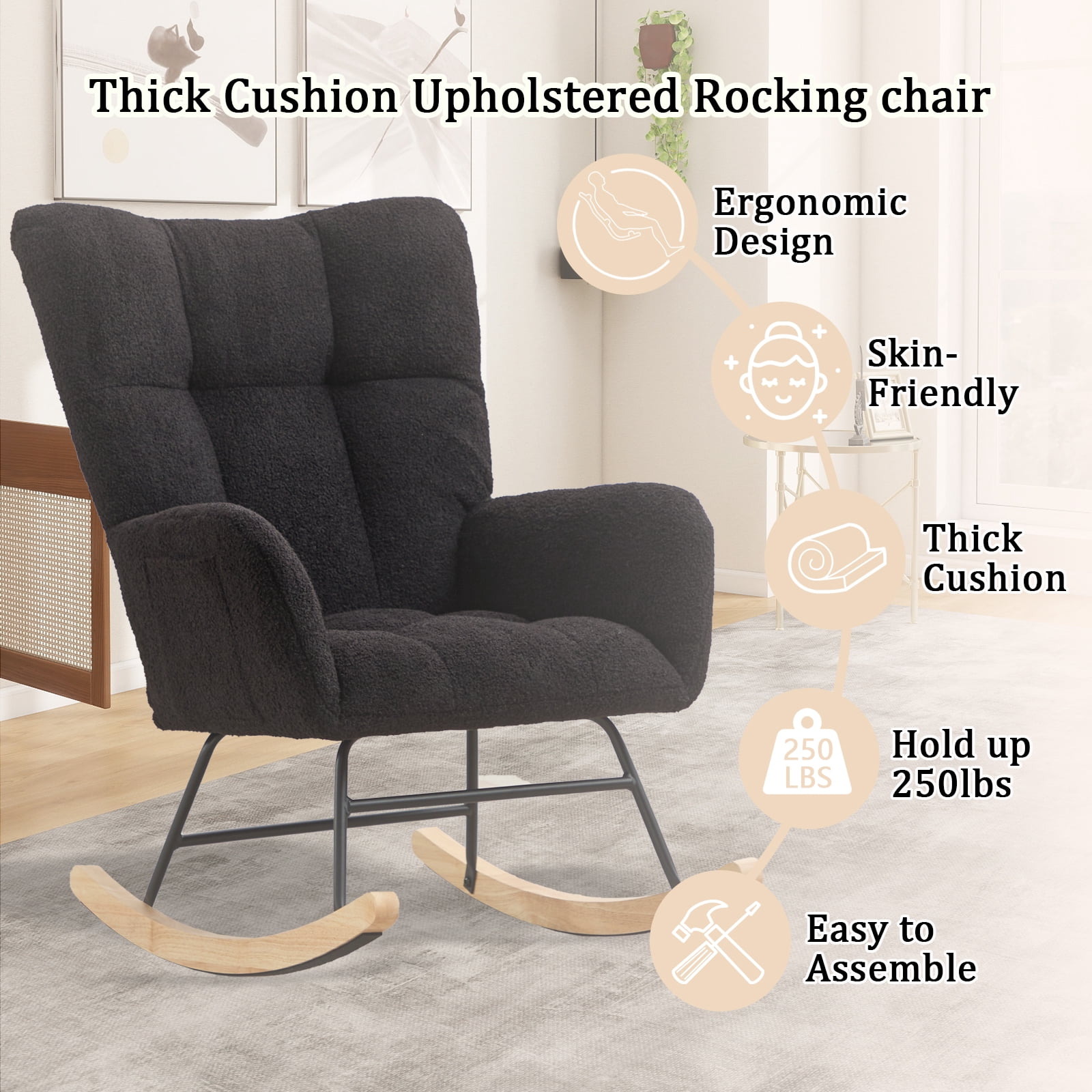 SENCHO GINSYTALIOR Nursery Rocking Chair Teddy Upholstered Glider Rocker,Rocking Accent Chair Padded Seat with High Backrest ,Solid Wood Legs for Nursery Bedroom Living Room(Black）