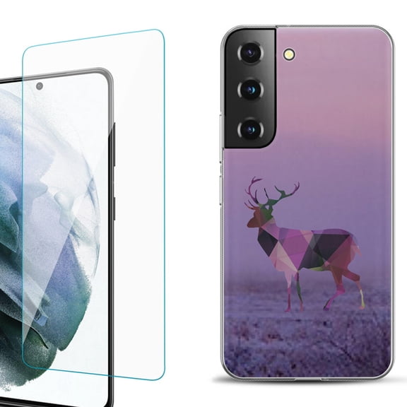 Slim-Fit Fashion Gel Phone Case for Samsung Galaxy S22  5G / S22 Plus 5G, with Tempered Glass Screen Protector, by OneToughShield ® - Deer/Polygon