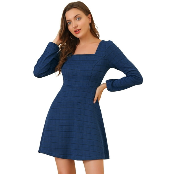 Vestido A Cuadros De Manga Larga Con Cuello Cuadrado Vintage De