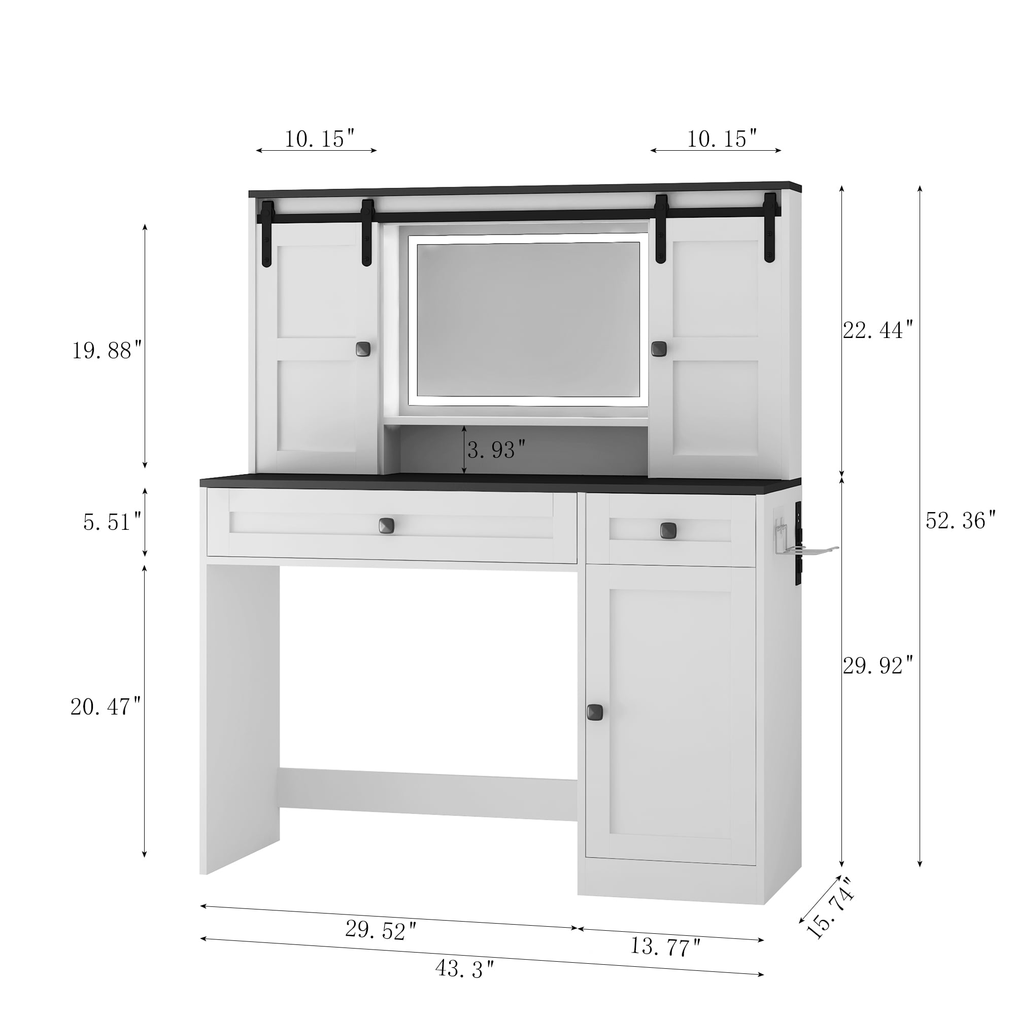 Aukfa Farmhouse Vanity Desk w/Mirror & Light, Large Dressing Table Set for Bedroom,White