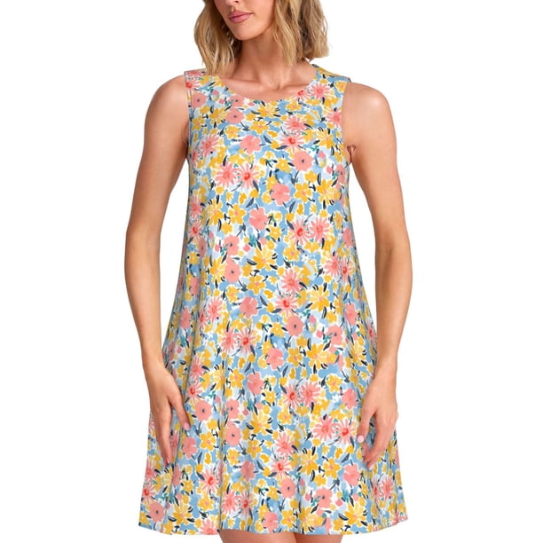 Easygdp Watercolor Wildflowers para Vestido Transpirable de Mujer, Vestido Suelto de Manga Corta con Pliegues y Bolsillos para el Verano