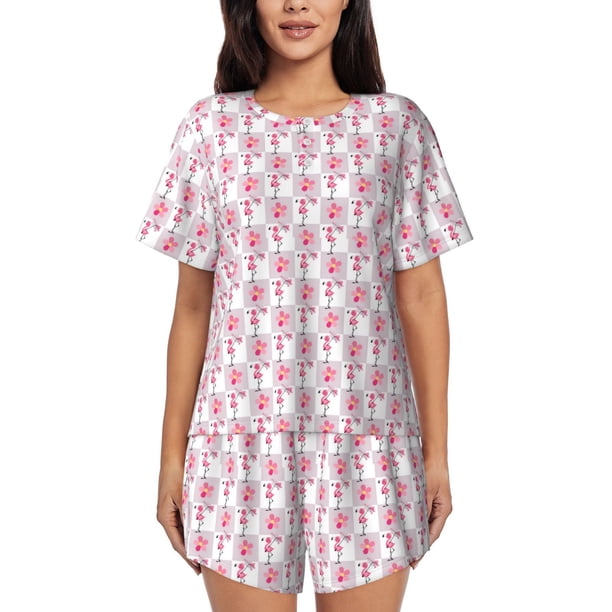 Fotbe Flamingo On Checkered Conjunto de Pijama Estampado para Mujer, 2 Piezas, Ropa de Dormir con Camiseta de Manga Corta y Shorts Suaves-Medium